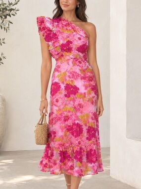 Gingham & Heels Airly Pink Floral One Shoulder Midi Dress Ruffle Coquette 10